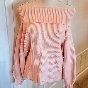 Venus Pearl embellished off the shoulder peach sweater